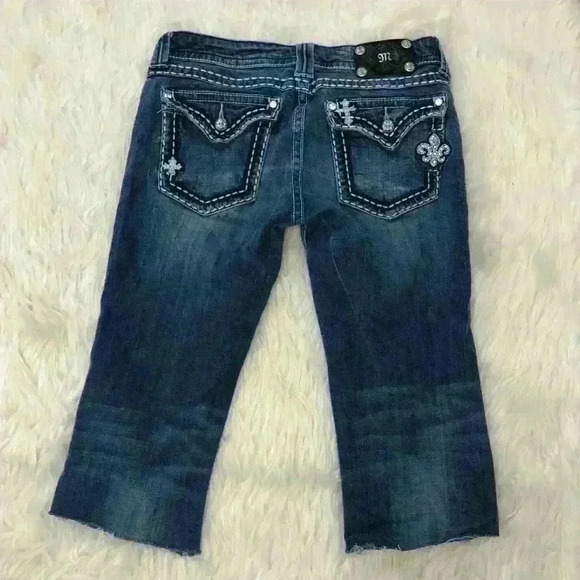 Miss Me Blue Embellished Denim Crop Cutoff Capris - Picture 1 of 8